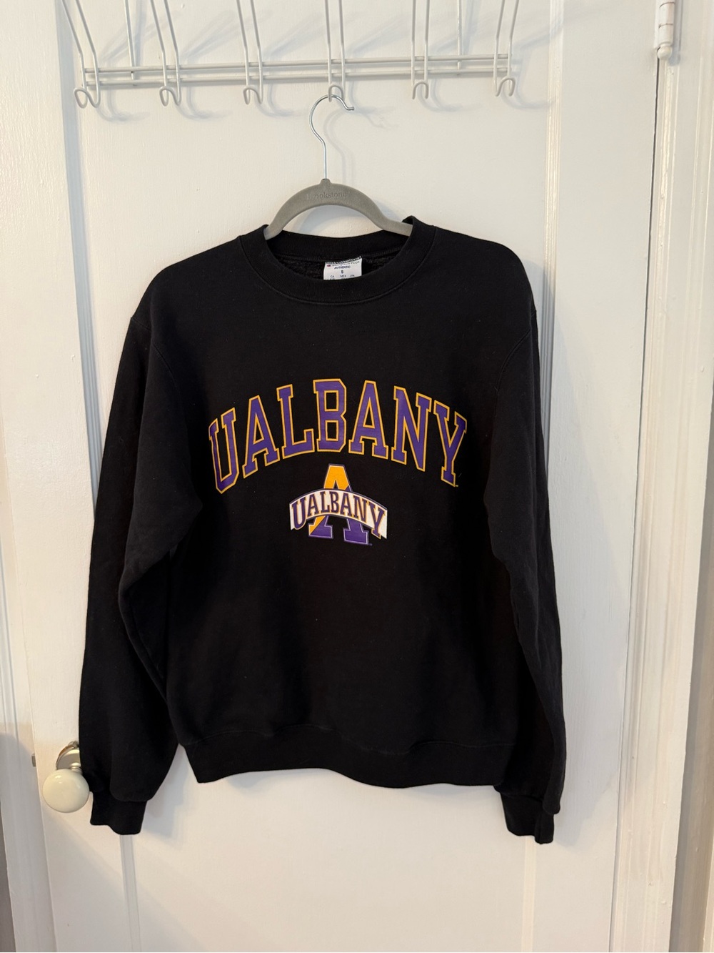 Champion Black Sweatshirt with Purple & Gold UAlbany Print